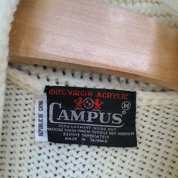 Campus Men's Button Front Cable Knit Cardigan Sweater Cream Medium Shawl Collar - Picture 8 of 11